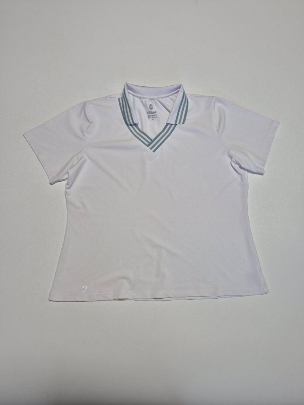 GG Blue Luxe Sport Women's Golf Polo Shirt Size XL White Green Stripe V-Neck